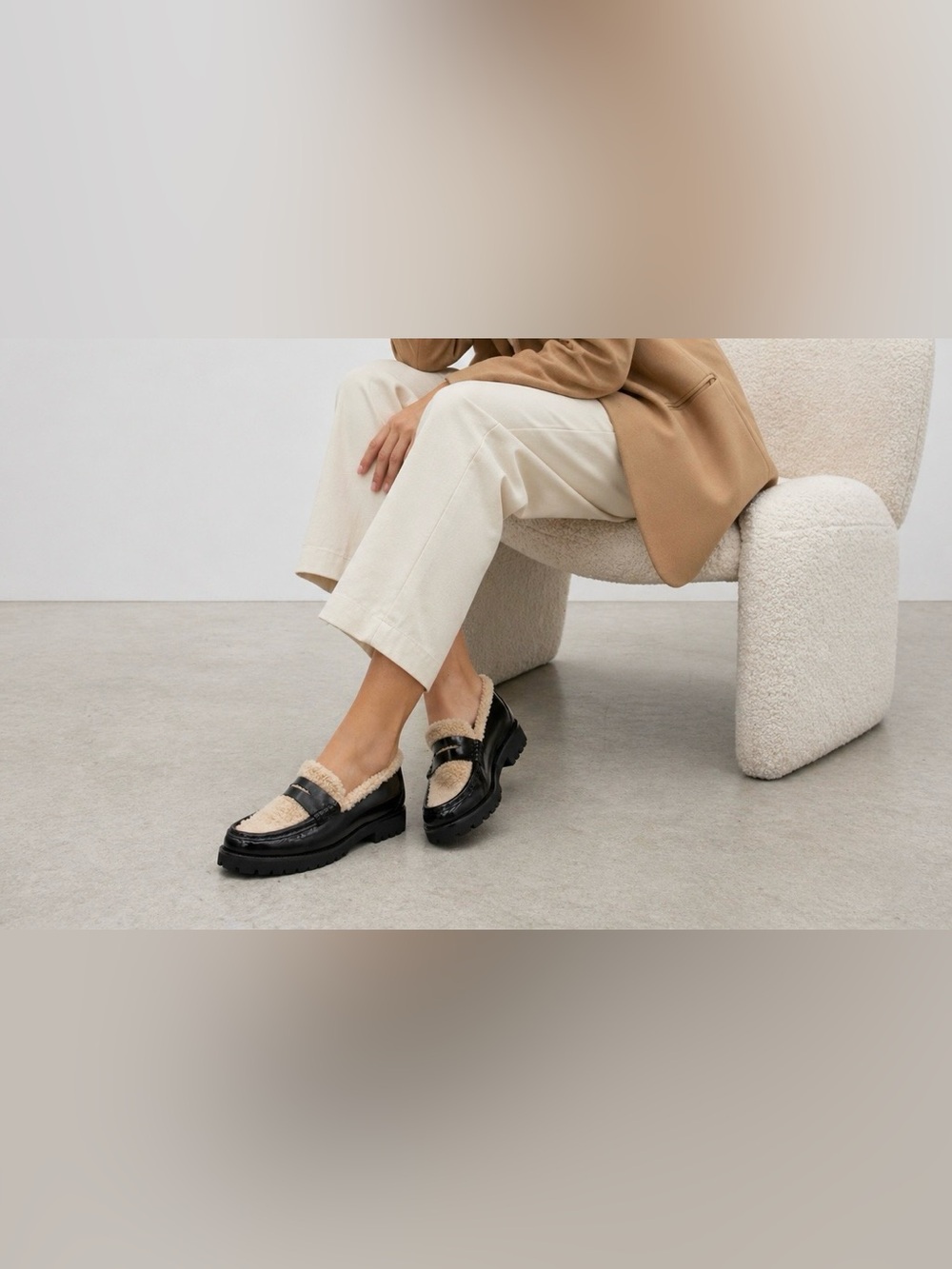 PAIGE Ellis Penny Loafers Black Leather Shearling Lined Lug Sole Slip-On Shoes - Picture 1 of 16